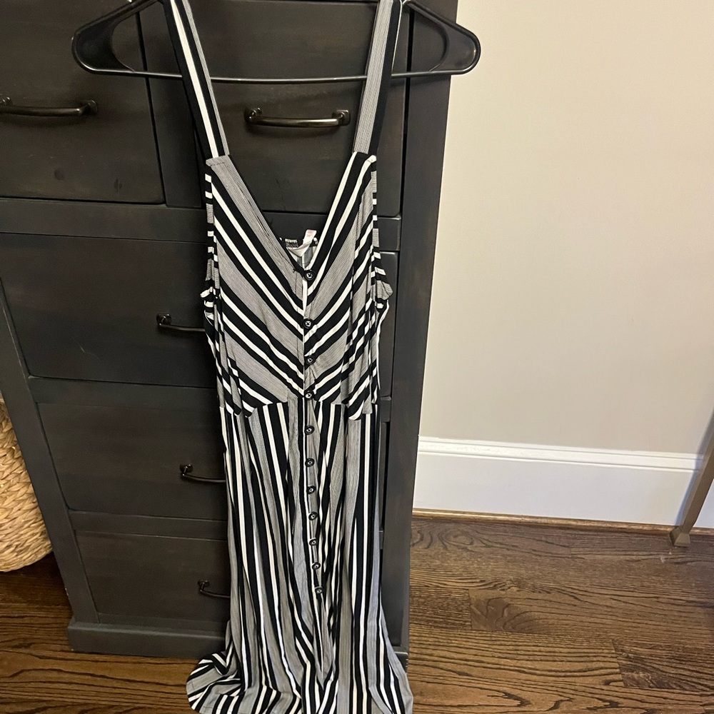 Striped Black and White Casual Dress, Midi Length